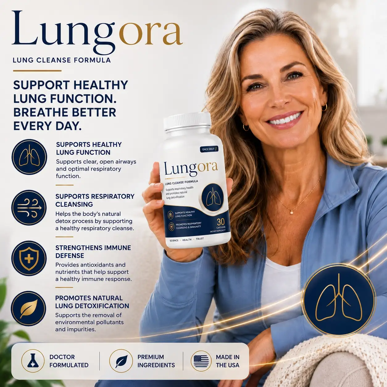 Smiling woman holding a bottle of Lungora, breathing easier at home