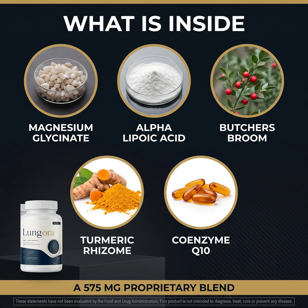 What is inside Lungora: magnesium glycinate, alpha lipoic acid, butcher's broom, turmeric rhizome and coenzyme Q10 — a 575 mg proprietary blend